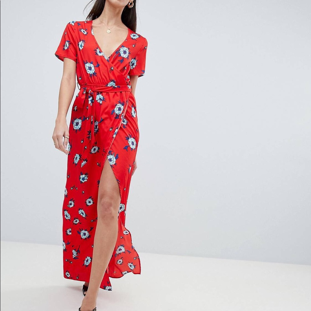 Red Floral Dress with Split